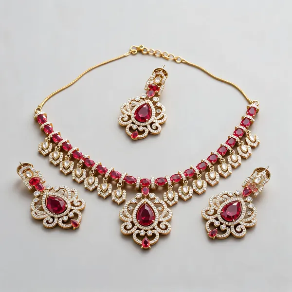 Cz_Teardrop_Scrollwork_Medallion_Necklace_Set_|_K_Gold_&_Mehendi_Gold