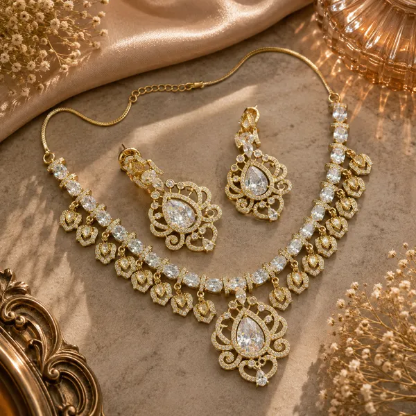 Cz_Teardrop_Scrollwork_Medallion_Necklace_Set_|_K_Gold_&_Mehendi_Gold