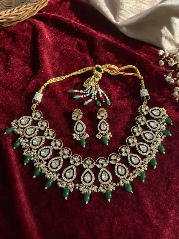 Kundan_Polki_Double_Teardrop_Orbit_Pearl_Drop_Necklace_Set_|_Mehendi_Gold