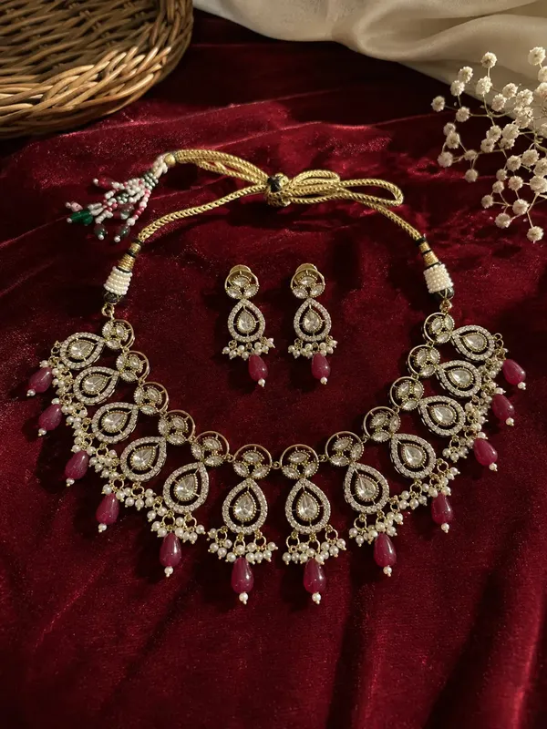 Kundan_Polki_Double_Teardrop_Orbit_Pearl_Drop_Necklace_Set_|_Mehendi_Gold