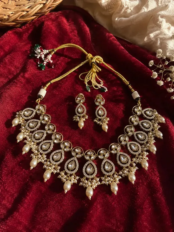 Kundan_Polki_Double_Teardrop_Orbit_Pearl_Drop_Necklace_Set_|_Mehendi_Gold