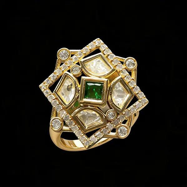 Kundan_Polki_Ad_Star_Frame_Geometric_Cocktail_Ring_-_Emerald_Green_|_K_Gold