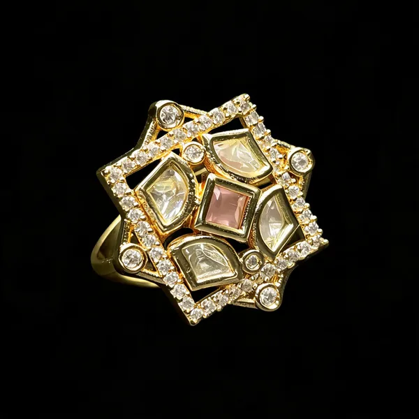 Kundan_Polki_Ad_Star_Frame_Geometric_Cocktail_Ring_-_Baby_Pink_|_K_Gold