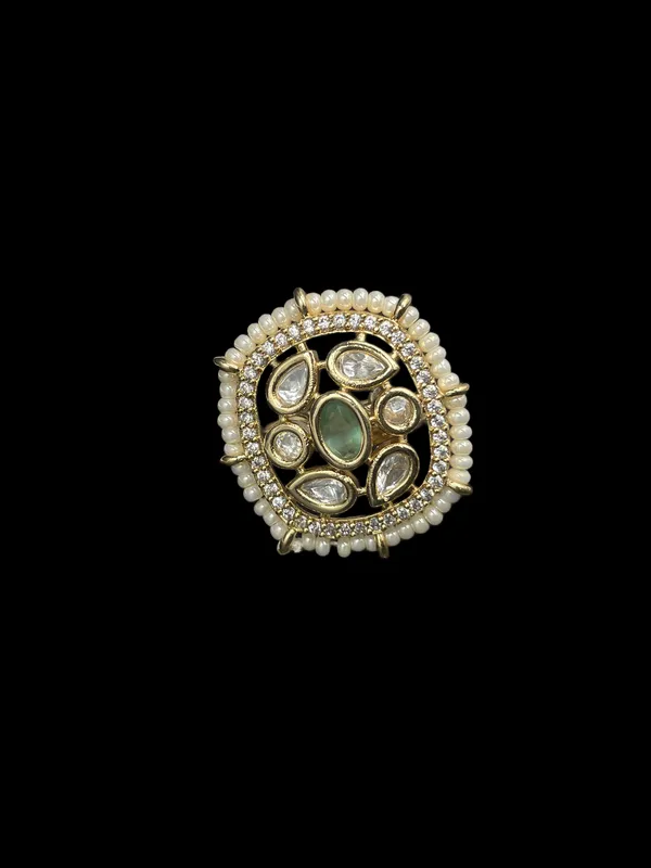 Kundan_Polki_Pearl_Border_Oval_Cocktail_Ring_-_Mint_Green_|_K_Gold