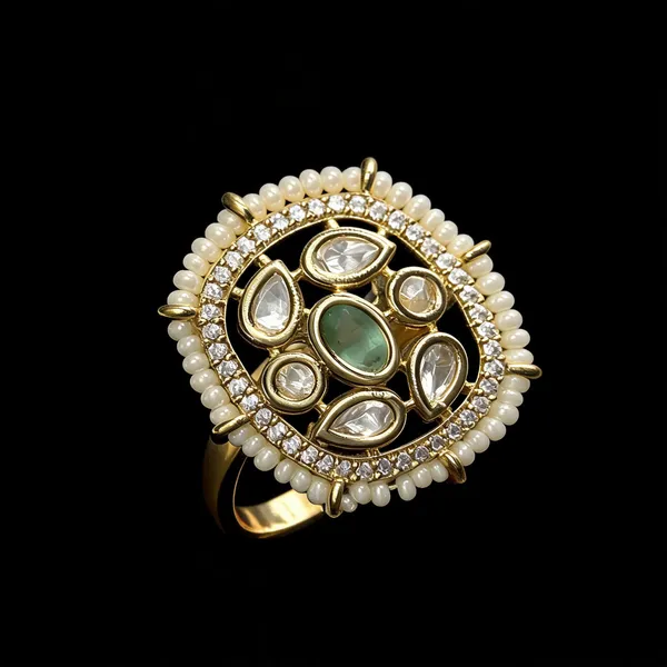 Kundan_Polki_Pearl_Border_Oval_Cocktail_Ring_-_Mint_Green_|_K_Gold