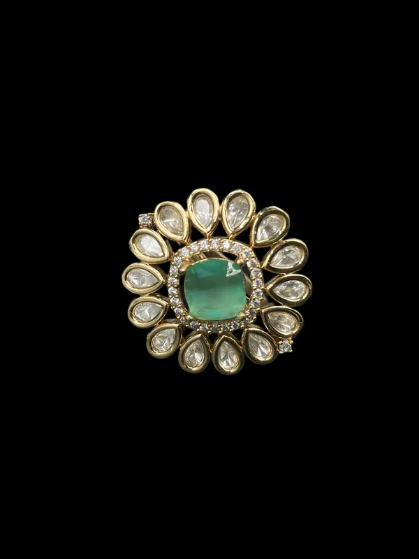 Kundan_Foil_Polki_Teardrop_Sunburst_Cocktail_Ring_-_Mint_Green_|_K_Gold