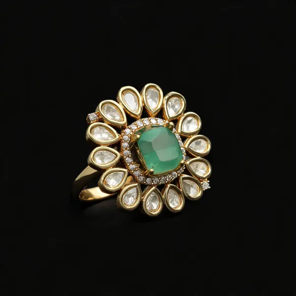 Kundan_Foil_Polki_Teardrop_Sunburst_Cocktail_Ring_-_Mint_Green_|_K_Gold