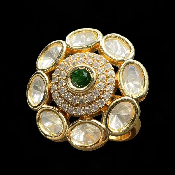 Kundan_Polki_Oval_Petal_Halo_Cocktail_Ring_-_Emerald_Green_|_K_Gold