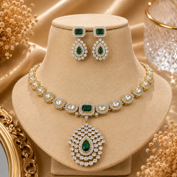 Ad_&_Kundan_Polki_Teardrop_Pendant_Necklace_And_Earring_Set_|_K_Gold