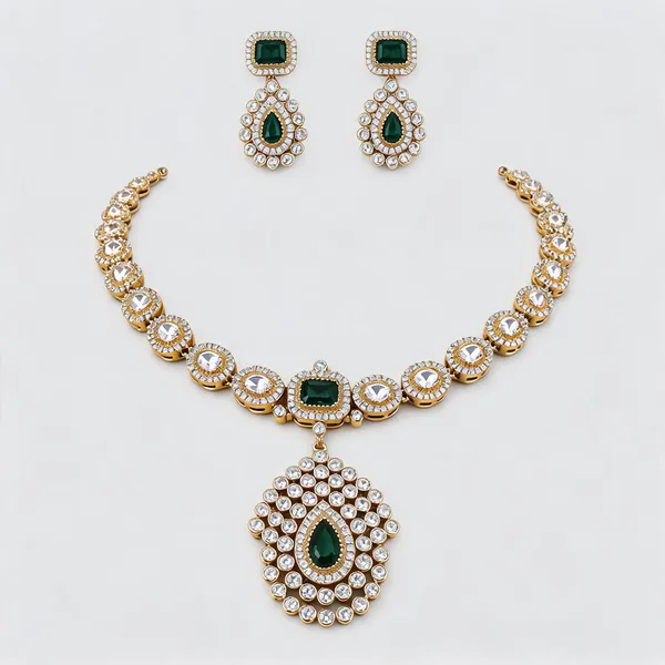 Ad_&_Kundan_Polki_Teardrop_Pendant_Necklace_And_Earring_Set_|_K_Gold