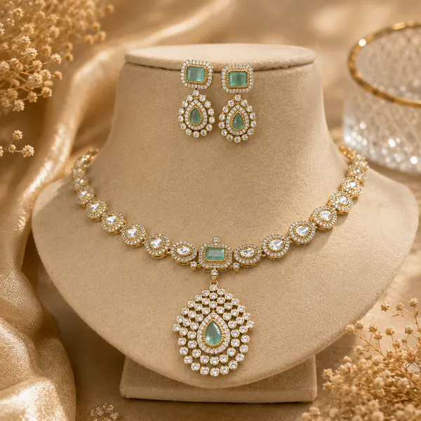 Ad_&_Kundan_Polki_Teardrop_Pendant_Necklace_And_Earring_Set_|_K_Gold