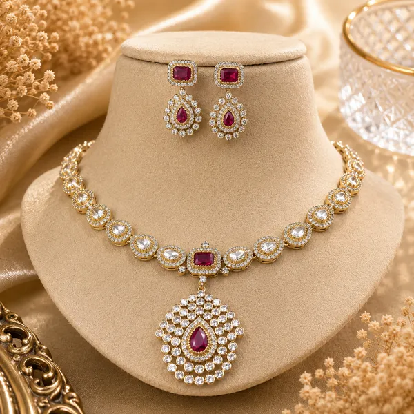 Ad_&_Kundan_Polki_Teardrop_Pendant_Necklace_And_Earring_Set_|_K_Gold