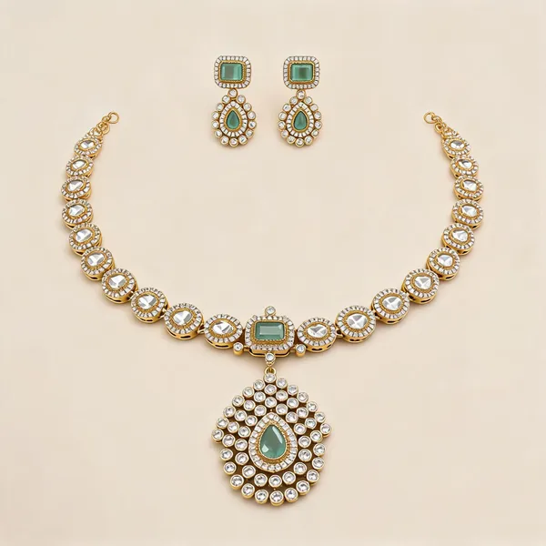Ad_&_Kundan_Polki_Teardrop_Pendant_Necklace_And_Earring_Set_|_K_Gold