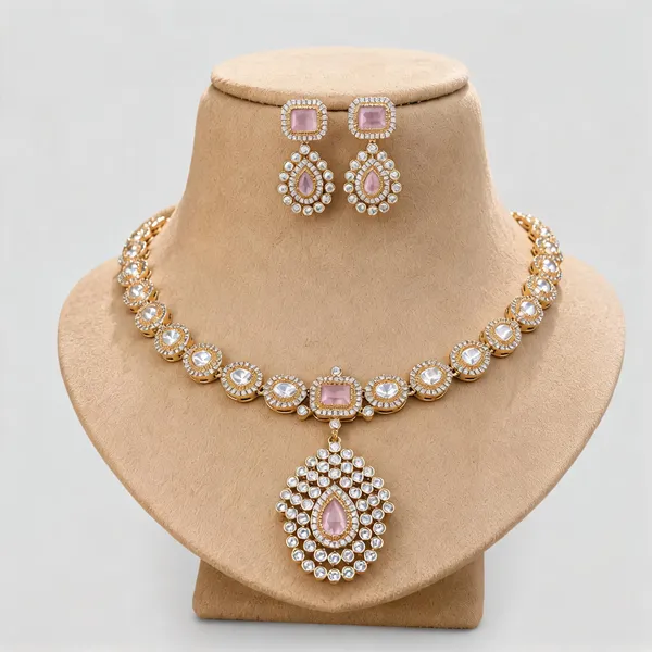 Ad_&_Kundan_Polki_Teardrop_Pendant_Necklace_And_Earring_Set_|_K_Gold