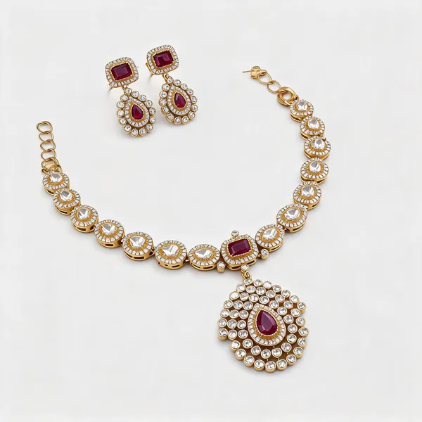 Ad_&_Kundan_Polki_Teardrop_Pendant_Necklace_And_Earring_Set_|_K_Gold