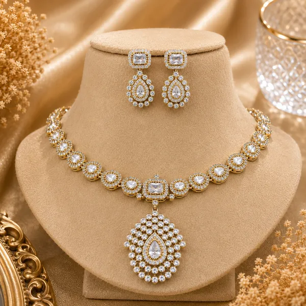Ad_&_Kundan_Polki_Teardrop_Pendant_Necklace_And_Earring_Set_|_K_Gold