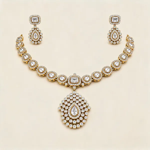 Ad_&_Kundan_Polki_Teardrop_Pendant_Necklace_And_Earring_Set_|_K_Gold