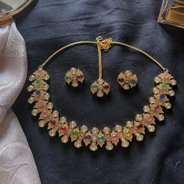 Kundan_Polki_Multi-Color_CZ_Baguette_Cross_Floral_Choker_Necklace_Set_|_K_Gold