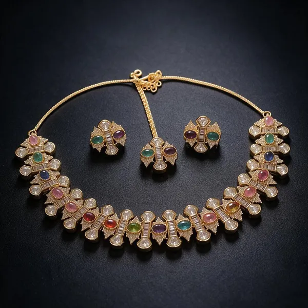 Kundan_Polki_Multi-Color_Cz_Baguette_Cross_Floral_Choker_Necklace_Set_|_K_Gold