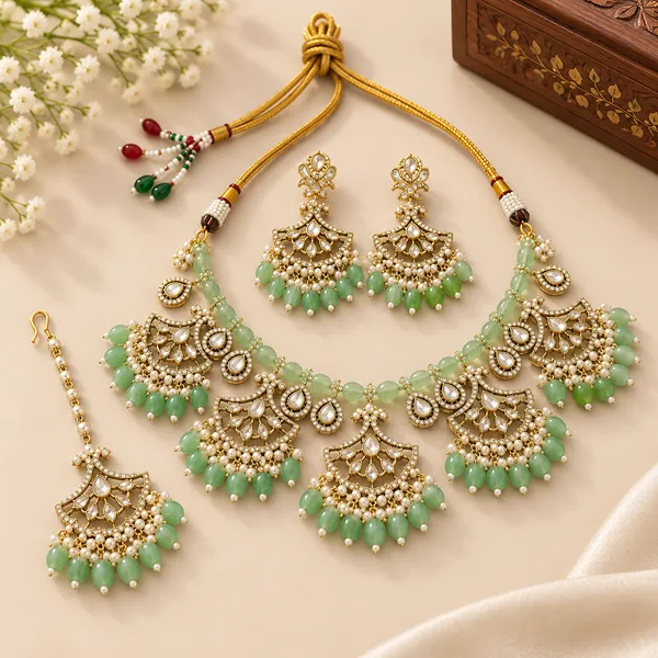 Kundan_Polki_Fan_Jali_Choker_Necklace_Set_With_Maang_Tikka_|_Mehendi_Gold