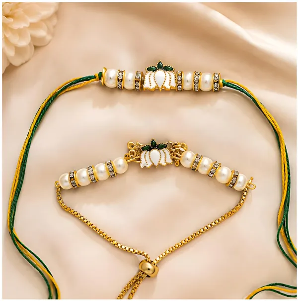 Green_And_Yellow_Thread_Pearl_Rakhi_Set_For_Brother
