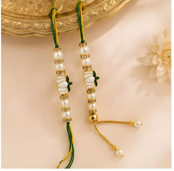 Green_And_Yellow_Thread_Pearl_Rakhi_Set_For_Brother
