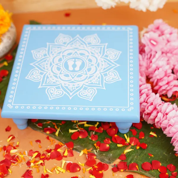 Light_Blue_Wood_Aipan_Lakshmi_Charan_Pooja_Chowki_11X11_Inch