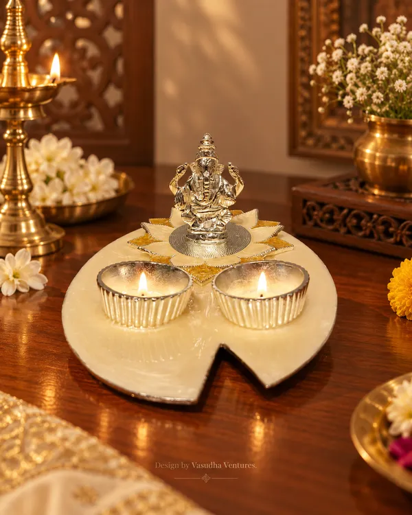 Cream_Traditional_Lotus_Ganesha_Pooja_Thali_Set