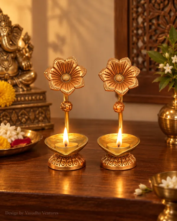 Metal_Gold_Tone_Floral_Diya_Oil_Lamp_Set