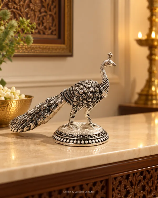 Metal_Silver_Tone_Ornate_Peacock_Showpiece