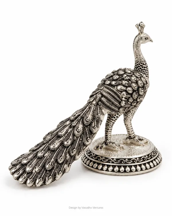 Metal_Silver_Tone_Ornate_Peacock_Showpiece