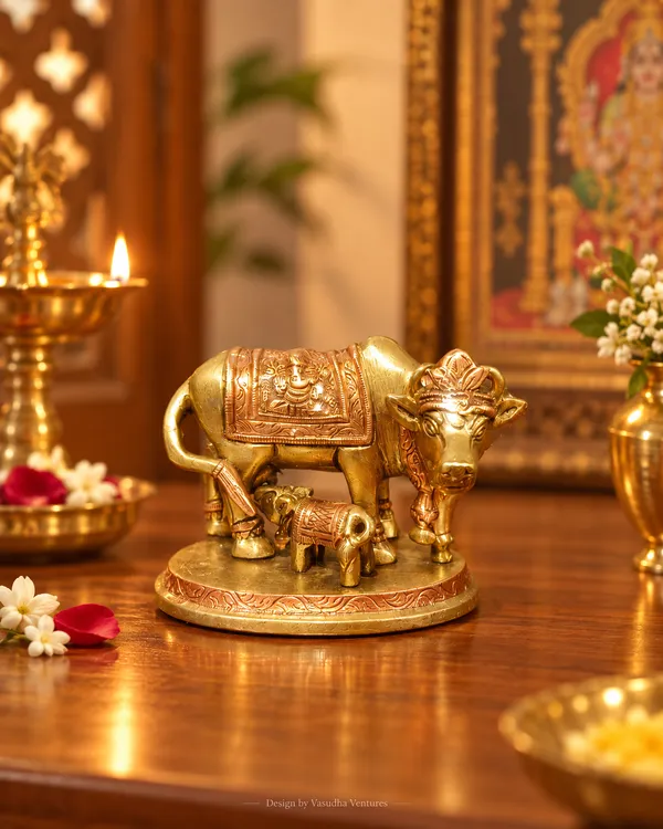 Gold_Tone_Traditional_Cow_And_Calf_Figurine