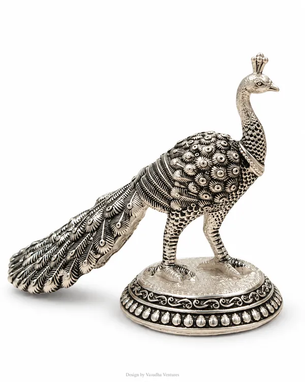 Metal_Silver_Tone_Ornate_Peacock_Showpiece