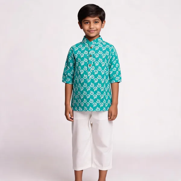 Teal_Printed_Kurta_Set_for_Boys