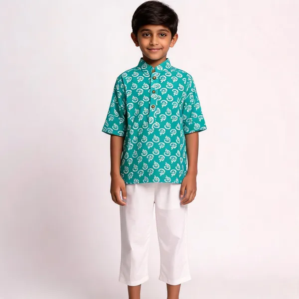 Teal_Printed_Kurta_Set_for_Boys