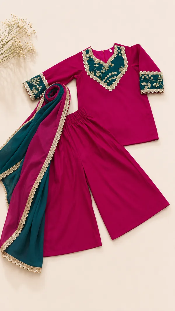 Magenta_Embroidered_Kurta_Palazzo_Set_With_Dupatta_for_Girls