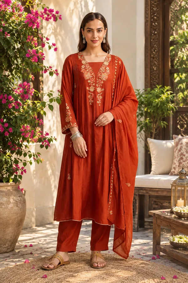 Orange_Mul_Chanderi_Straight_Kurta_Set_For_Women