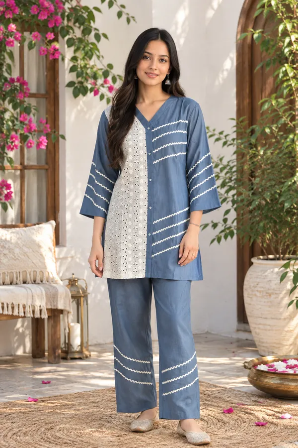 Blue_Denim_Cotton_Kurta_Set_For_Women