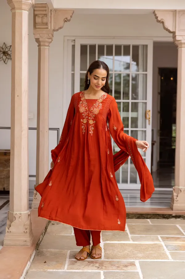 Orange_Mul_Chanderi_Straight_Kurta_Set_For_Women