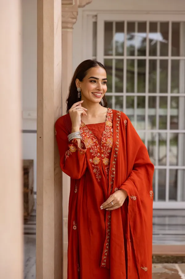Orange_Mul_Chanderi_Straight_Kurta_Set_For_Women