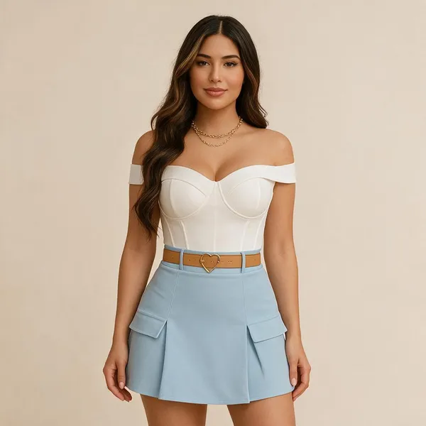 White_Banana_Crepe_Top_And_Skirt_Set_For_Women