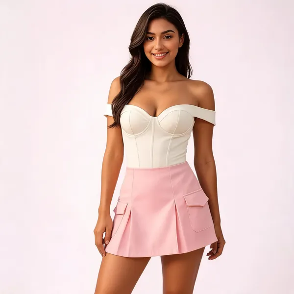 White_Banana_Crepe_Top_And_Skirt_Set_For_Women