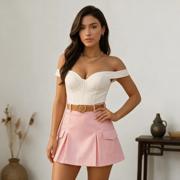 White_Banana_Crepe_Top_And_Skirt_Set_For_Women