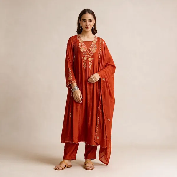 Orange_Mul_Chanderi_Straight_Kurta_Set_For_Women