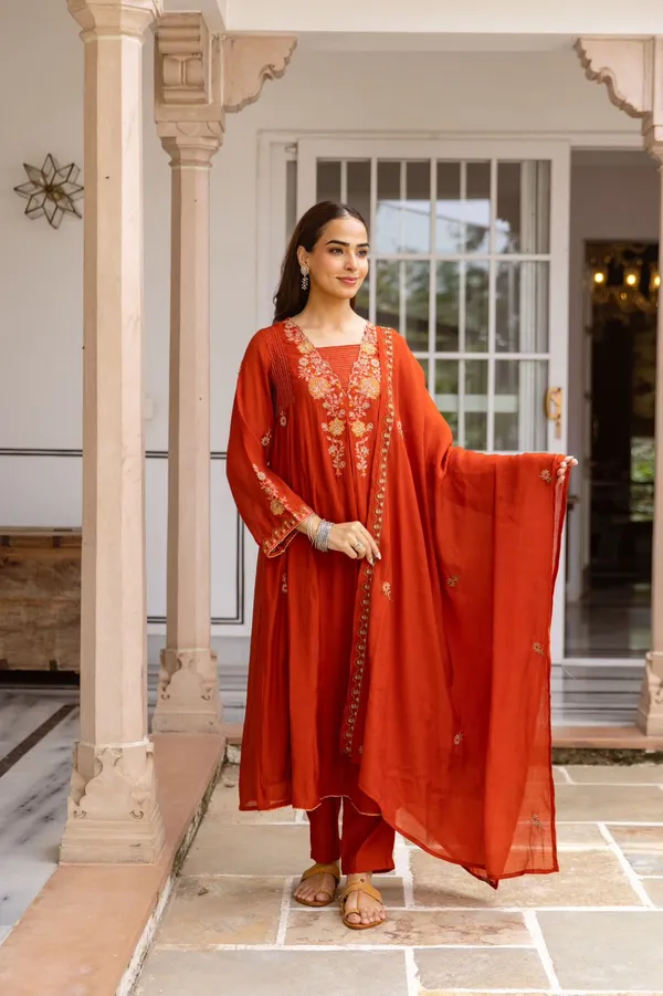 Orange_Mul_Chanderi_Straight_Kurta_Set_For_Women