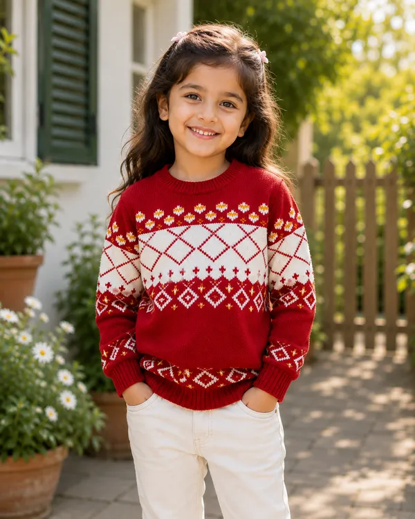 Red_Knitted_Patterned_Sweater_For_Girls