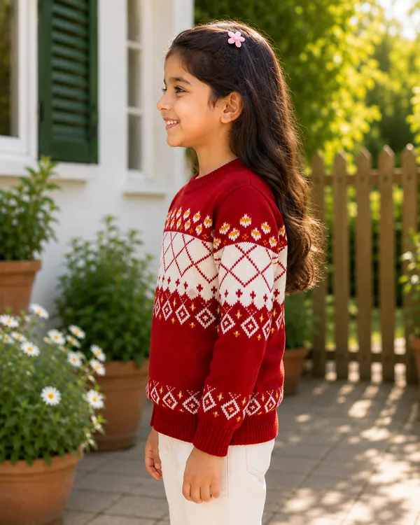 Red_Knitted_Patterned_Sweater_For_Girls