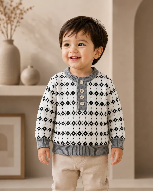 White_And_Grey_Knit_Pattern_Sweater_For_Boys