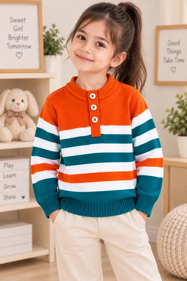 Orange_Knit_Striped_Sweater_For_Girls