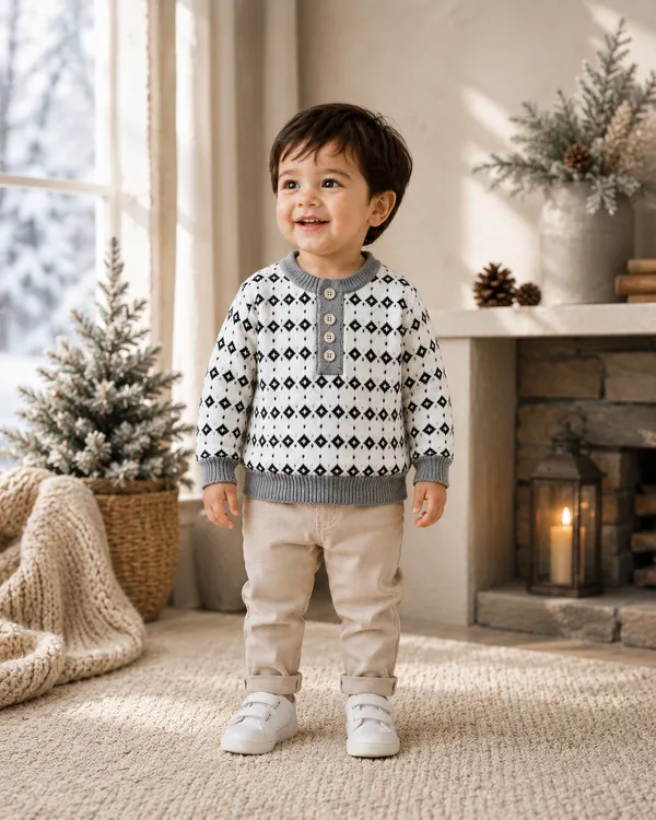 White_And_Grey_Knit_Pattern_Sweater_For_Boys